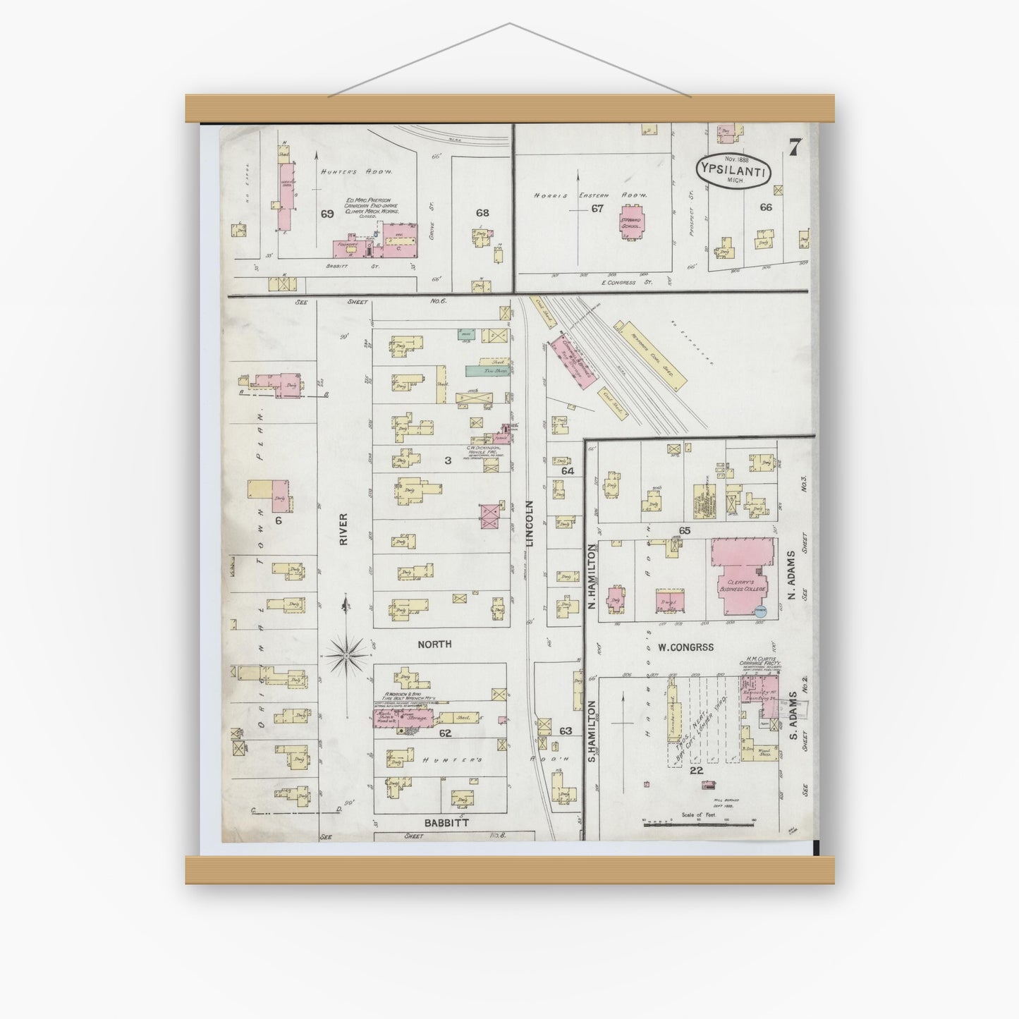 Old map wall art mockup — magnetic wood frame on white wall — Sanborn Fire Insurance Map from Ypsilanti, Washtenaw County, Michigan (1888), Sheet #0007