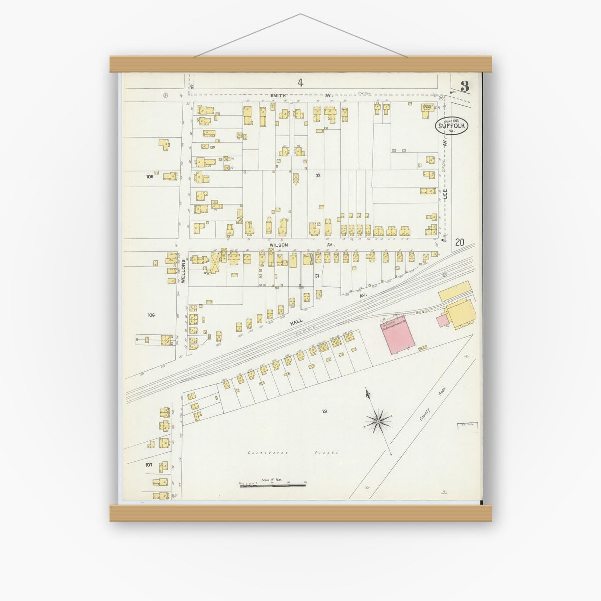 Old map wall art mockup — magnetic wood frame on white wall — Sanborn Fire Insurance Map from Suffolk, Independent Cities, Virginia (1903), Sheet #0003