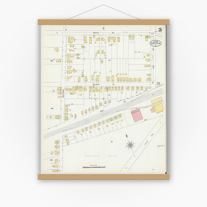 Old map wall art mockup — magnetic wood frame on white wall — Sanborn Fire Insurance Map from Suffolk, Independent Cities, Virginia (1903), Sheet #0003