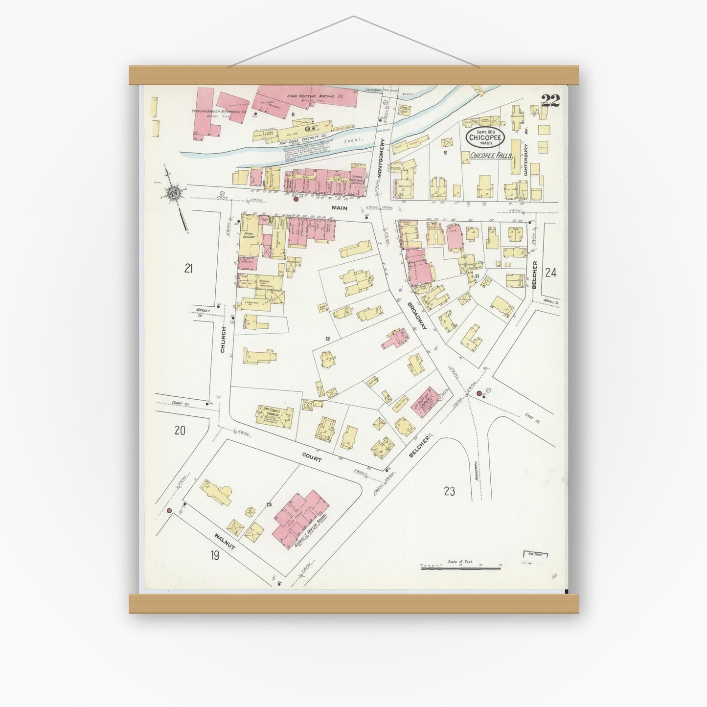 Old map wall art mockup — magnetic wood frame on white wall — Sanborn Fire Insurance Map from Chicopee, Hampden County, Massachusetts (1910), Sheet #0022
