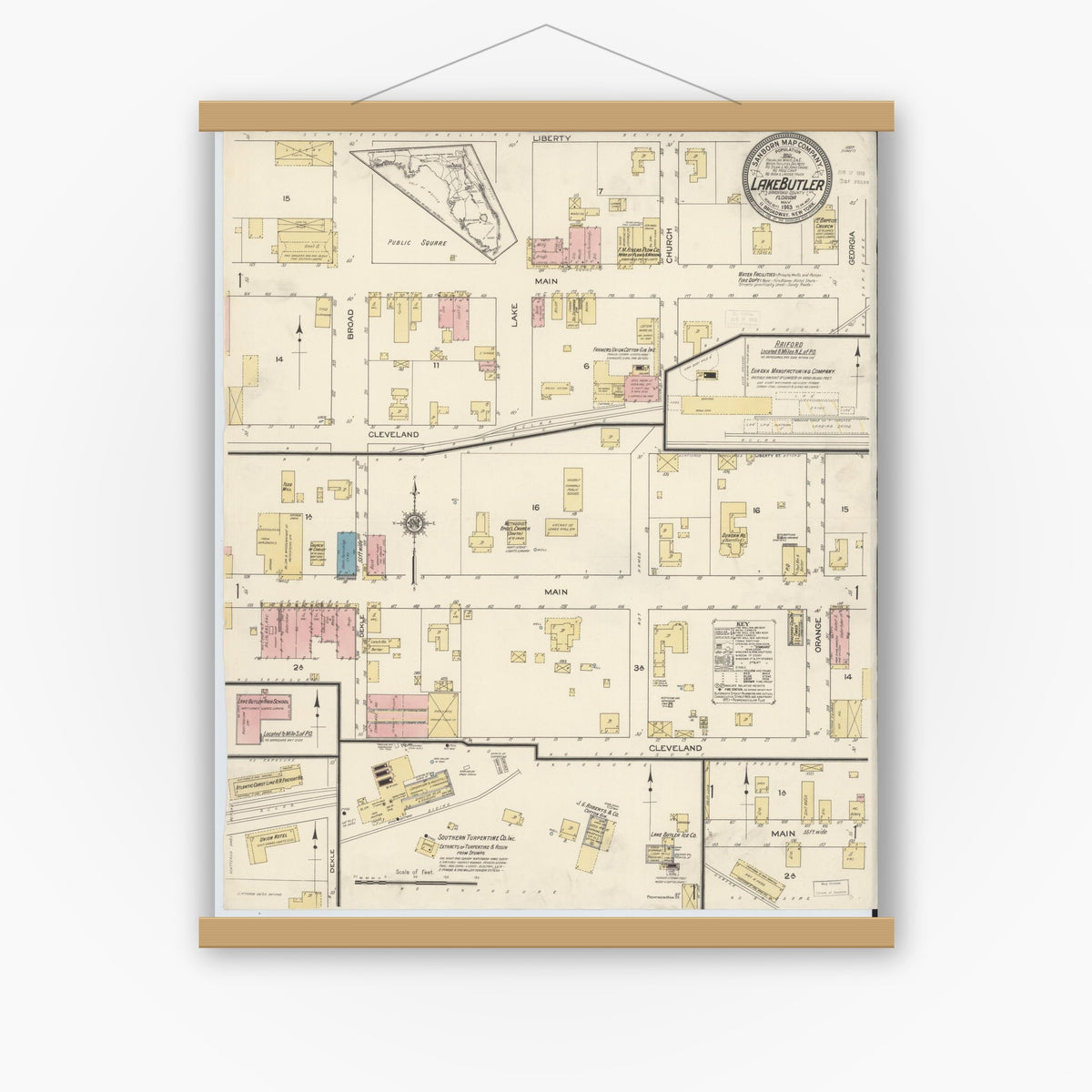 Old map wall art mockup — magnetic wood frame on white wall — Sanborn Fire Insurance Map from Lake Butler, Union County, Florida (1913), Sheet #0001