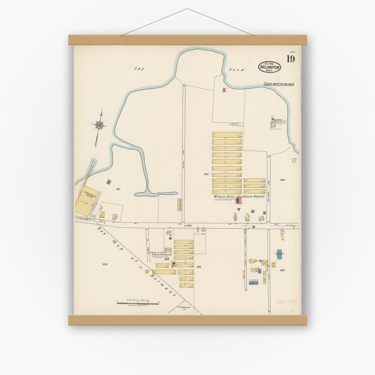 Old map wall art mockup — magnetic wood frame on white wall — Sanborn Fire Insurance Map from Arlington, Middlesex County, Massachusetts (1922), Sheet #0019