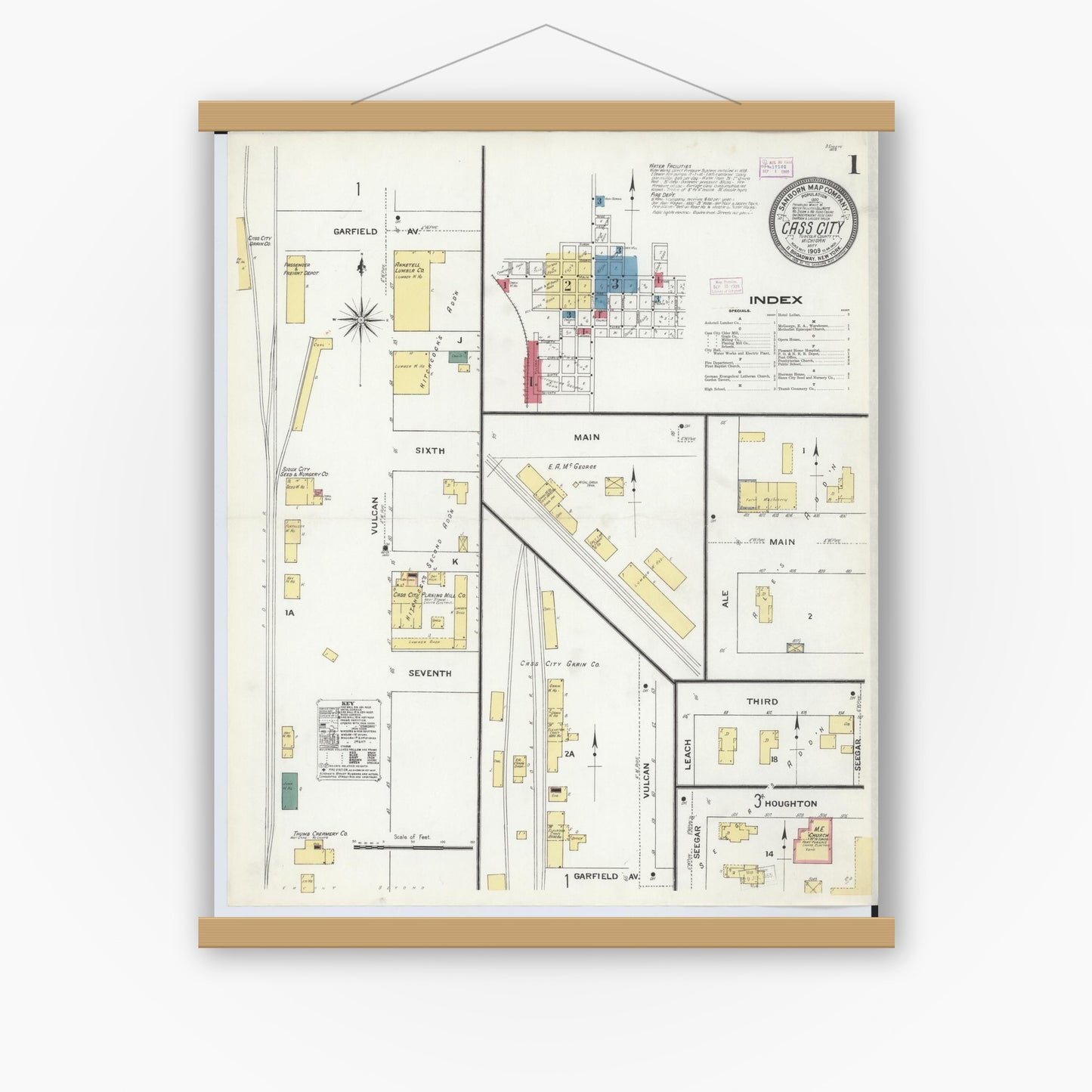 Old map wall art mockup — magnetic wood frame on white wall — Sanborn Fire Insurance Map from Cass City, Tuscola County, Michigan (1909), Sheet #0001