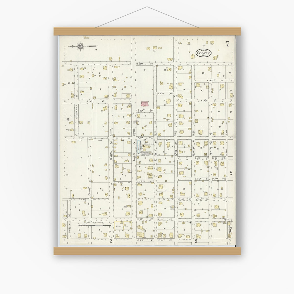 Old map wall art mockup — magnetic wood frame on white wall — Sanborn Fire Insurance Map from Cooper, Delta County, Texas (1914), Sheet #0007