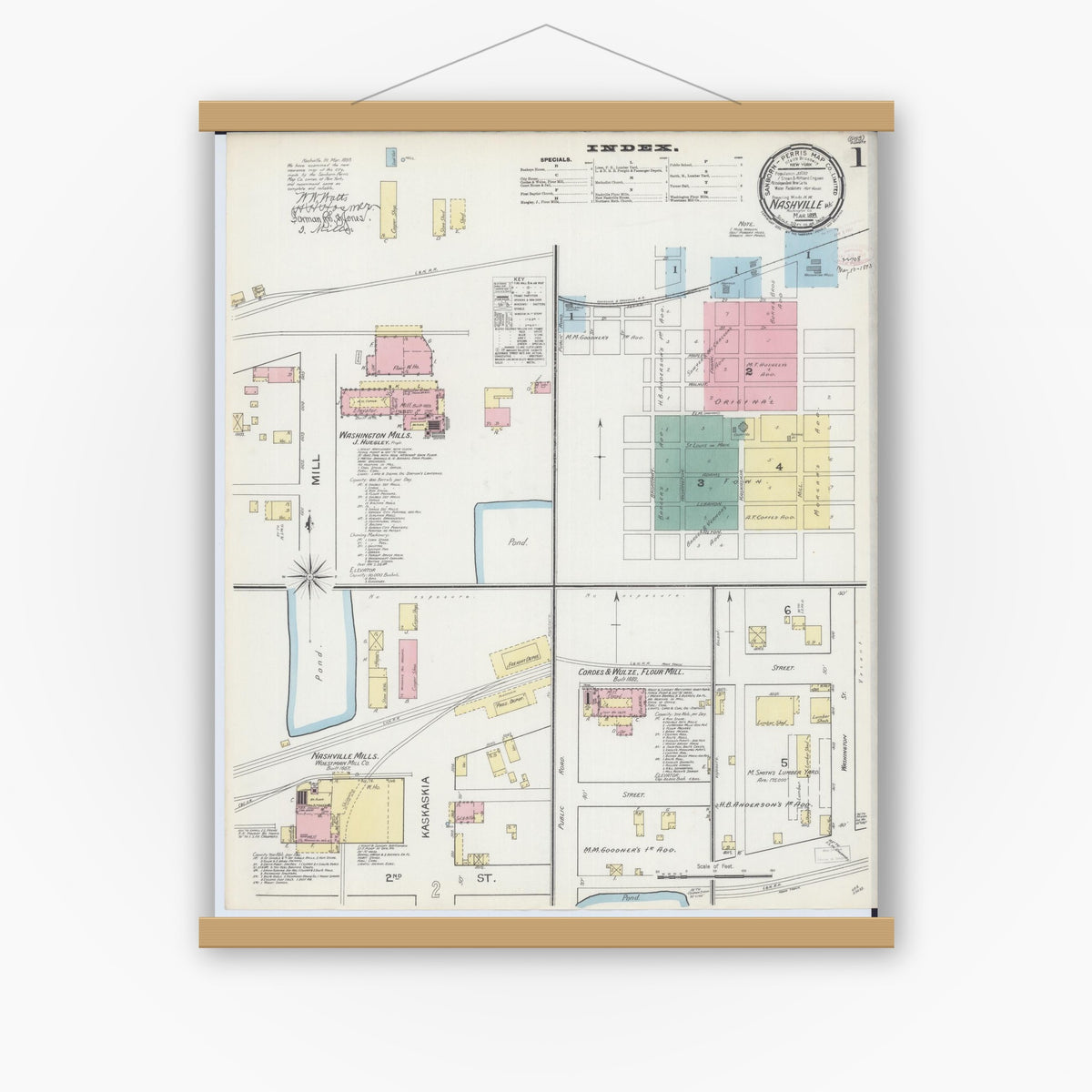 Old map wall art mockup — magnetic wood frame on white wall — Sanborn Fire Insurance Map from Nashville, Washington County, Illinois (1893) - Complete Map Set
