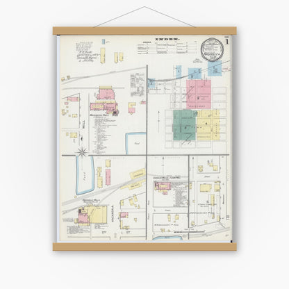 Old map wall art mockup — magnetic wood frame on white wall — Sanborn Fire Insurance Map from Nashville, Washington County, Illinois (1893) - Complete Map Set