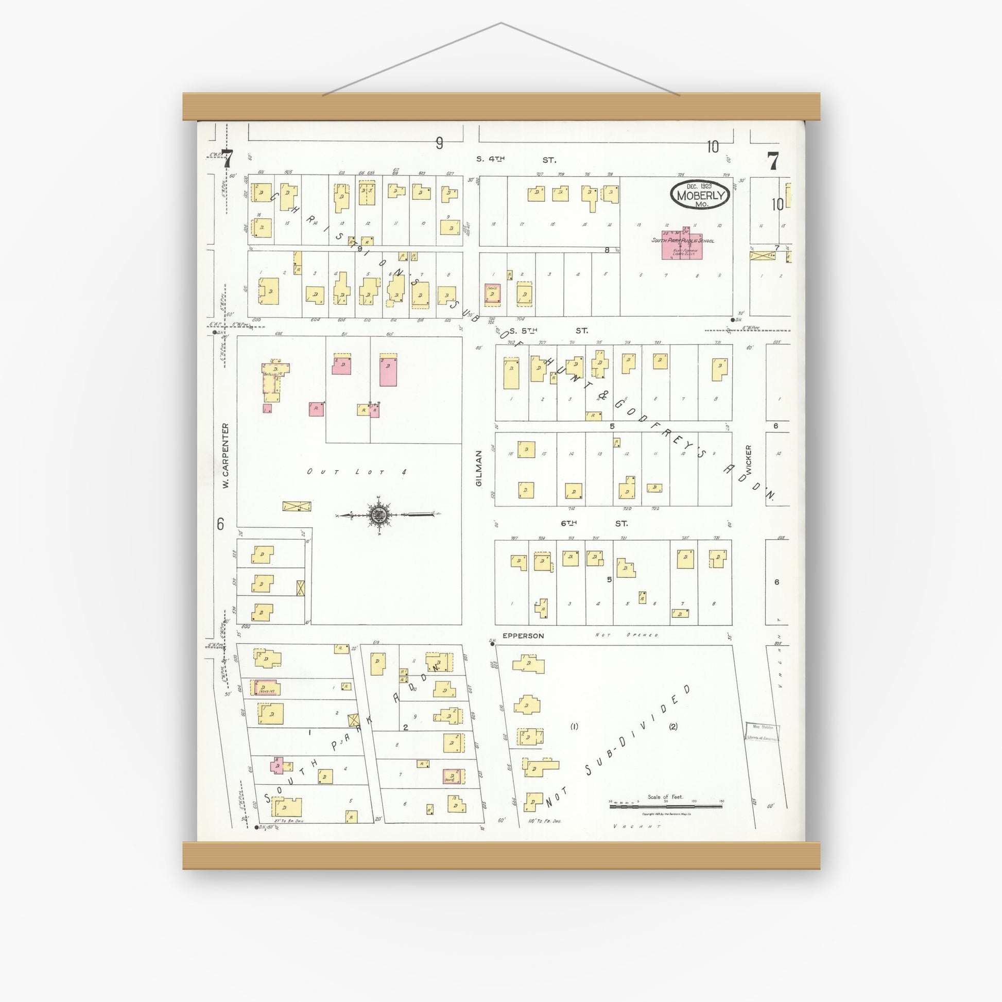 Old map wall art mockup — magnetic wood frame on white wall — Sanborn Fire Insurance Map from Moberly, Randolph County, Missouri (1923), Sheet #0007