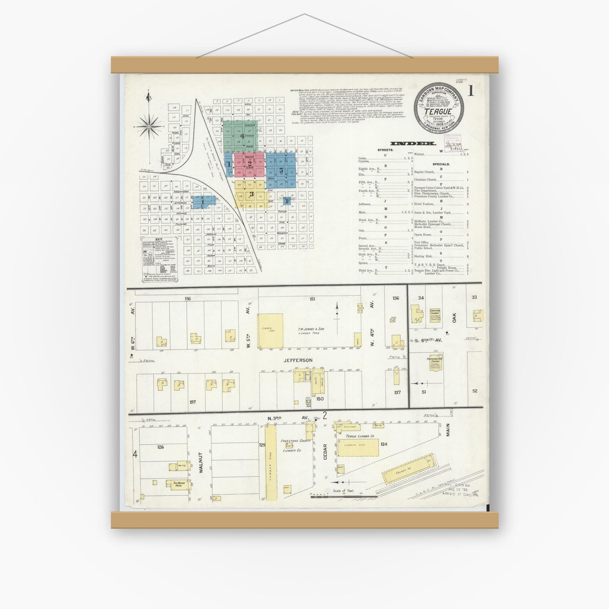 Old map wall art mockup — magnetic wood frame on white wall — Sanborn Fire Insurance Map from Teague, Freestone County, Texas (1908), Sheet #0001