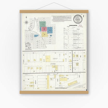 Old map wall art mockup — magnetic wood frame on white wall — Sanborn Fire Insurance Map from Teague, Freestone County, Texas (1908), Sheet #0001
