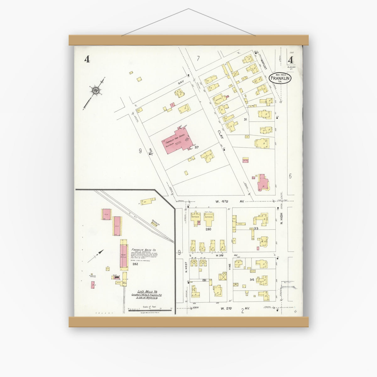 Old map wall art mockup — magnetic wood frame on white wall — Sanborn Fire Insurance Map from Franklin, Independent Cities, Virginia (1923), Sheet #0004