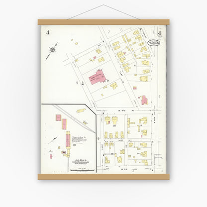 Old map wall art mockup — magnetic wood frame on white wall — Sanborn Fire Insurance Map from Franklin, Independent Cities, Virginia (1923), Sheet #0004