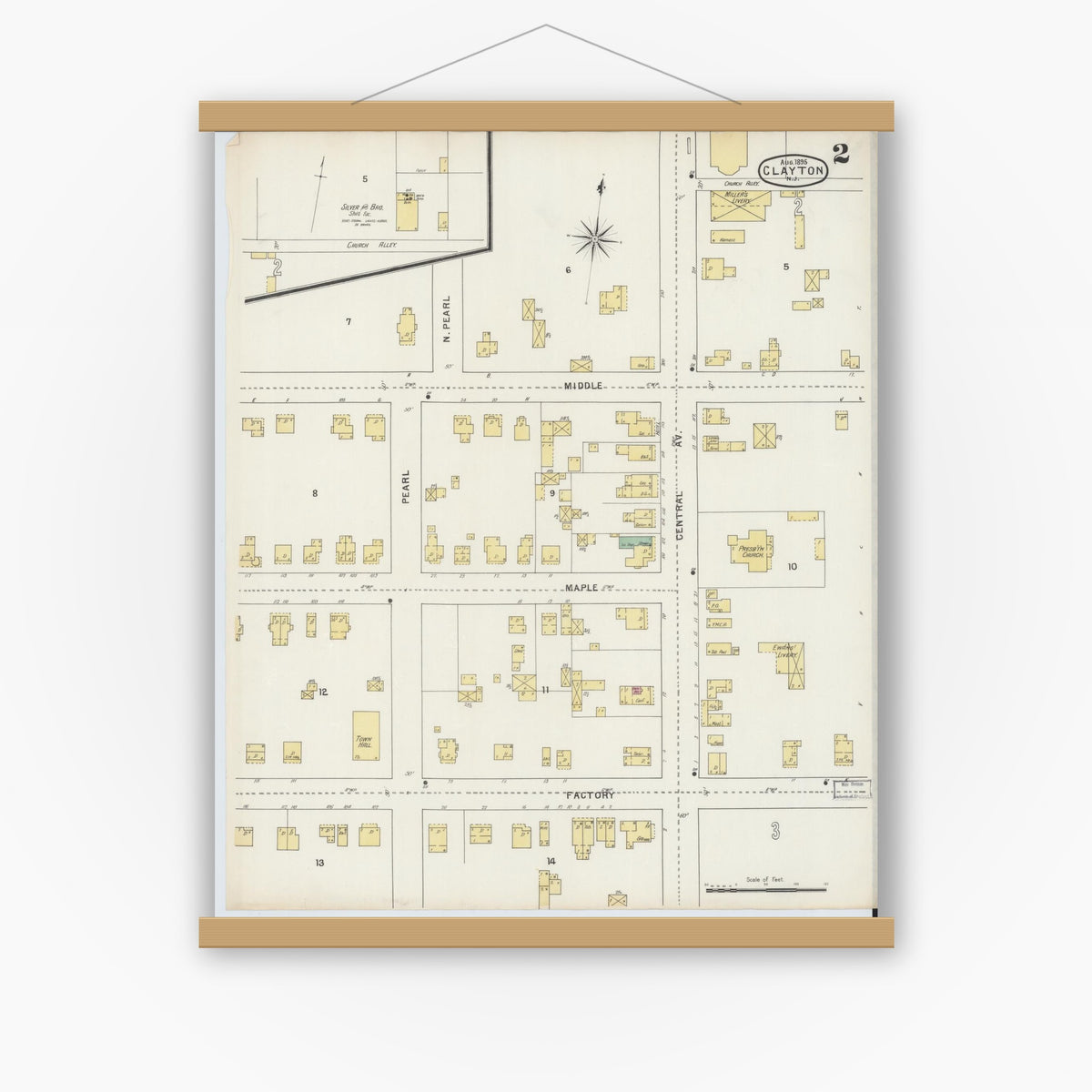 Old map wall art mockup — magnetic wood frame on white wall — Sanborn Fire Insurance Map from Clayton, Gloucester County, New Jersey (1895), Sheet #0002