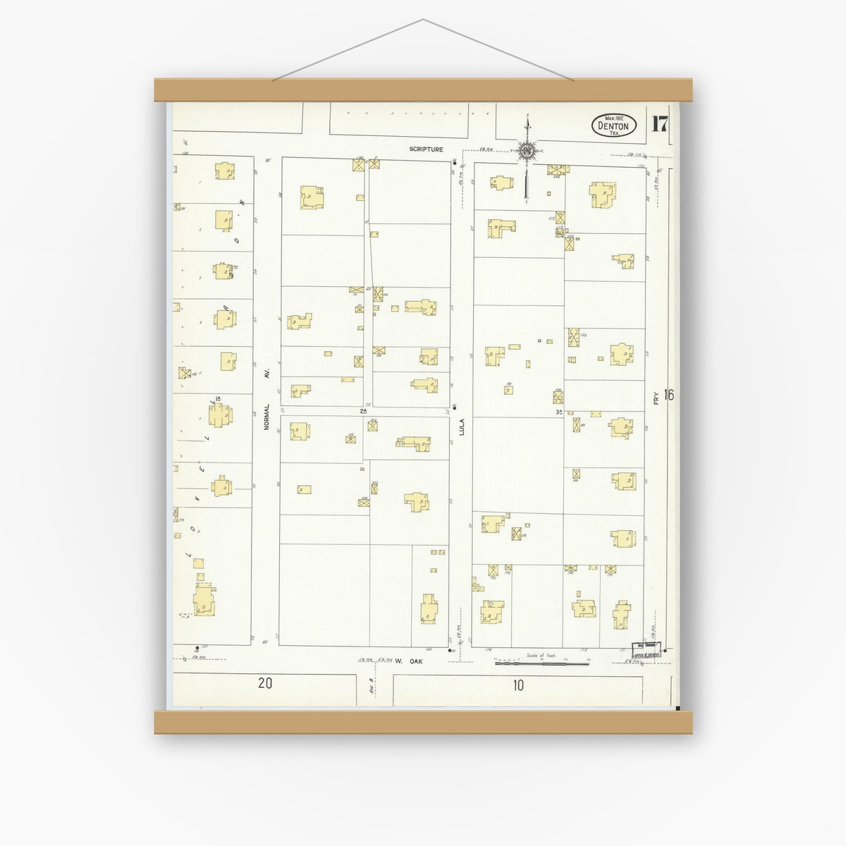 Old map wall art mockup — magnetic wood frame on white wall — Sanborn Fire Insurance Map from Denton, Denton County, Texas (1912), Sheet #0017