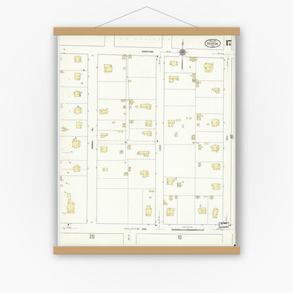 Old map wall art mockup — magnetic wood frame on white wall — Sanborn Fire Insurance Map from Denton, Denton County, Texas (1912), Sheet #0017