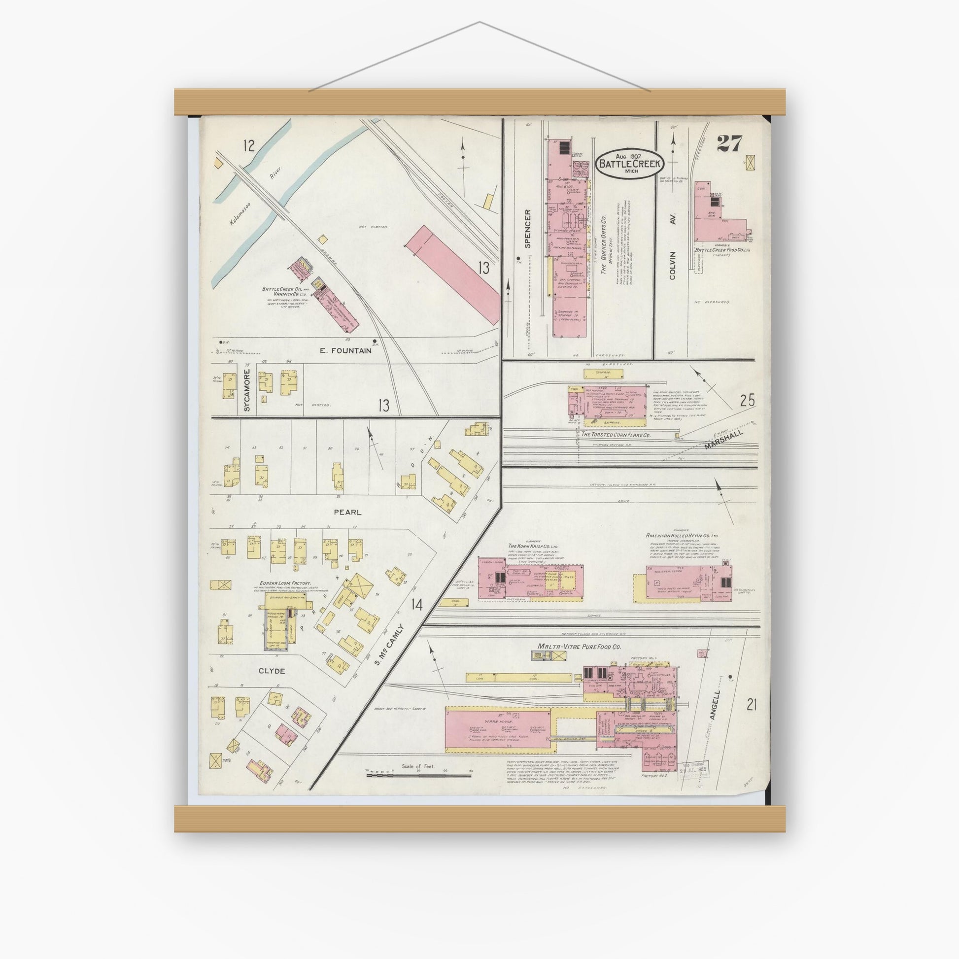 Old map wall art mockup — magnetic wood frame on white wall — Sanborn Fire Insurance Map from Battle Creek, Calhoun County, Michigan (1907), Sheet #0027