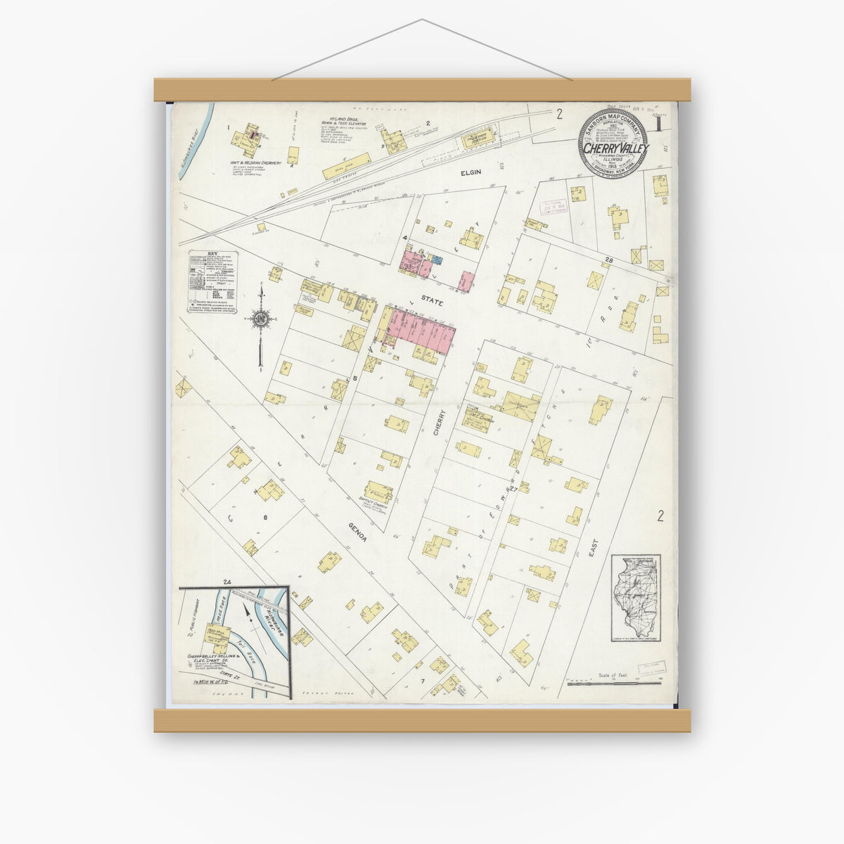 Old map wall art mockup — magnetic wood frame on white wall — Sanborn Fire Insurance Map from Cherry Valley, Winnebago County, Illinois (1913), Sheet #0001