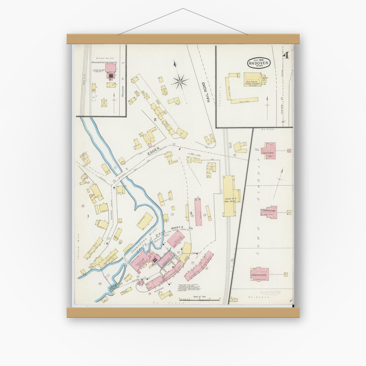 Old map wall art mockup — magnetic wood frame on white wall — Sanborn Fire Insurance Map from Andover, Essex County, Massachusetts (1892), Sheet #0004