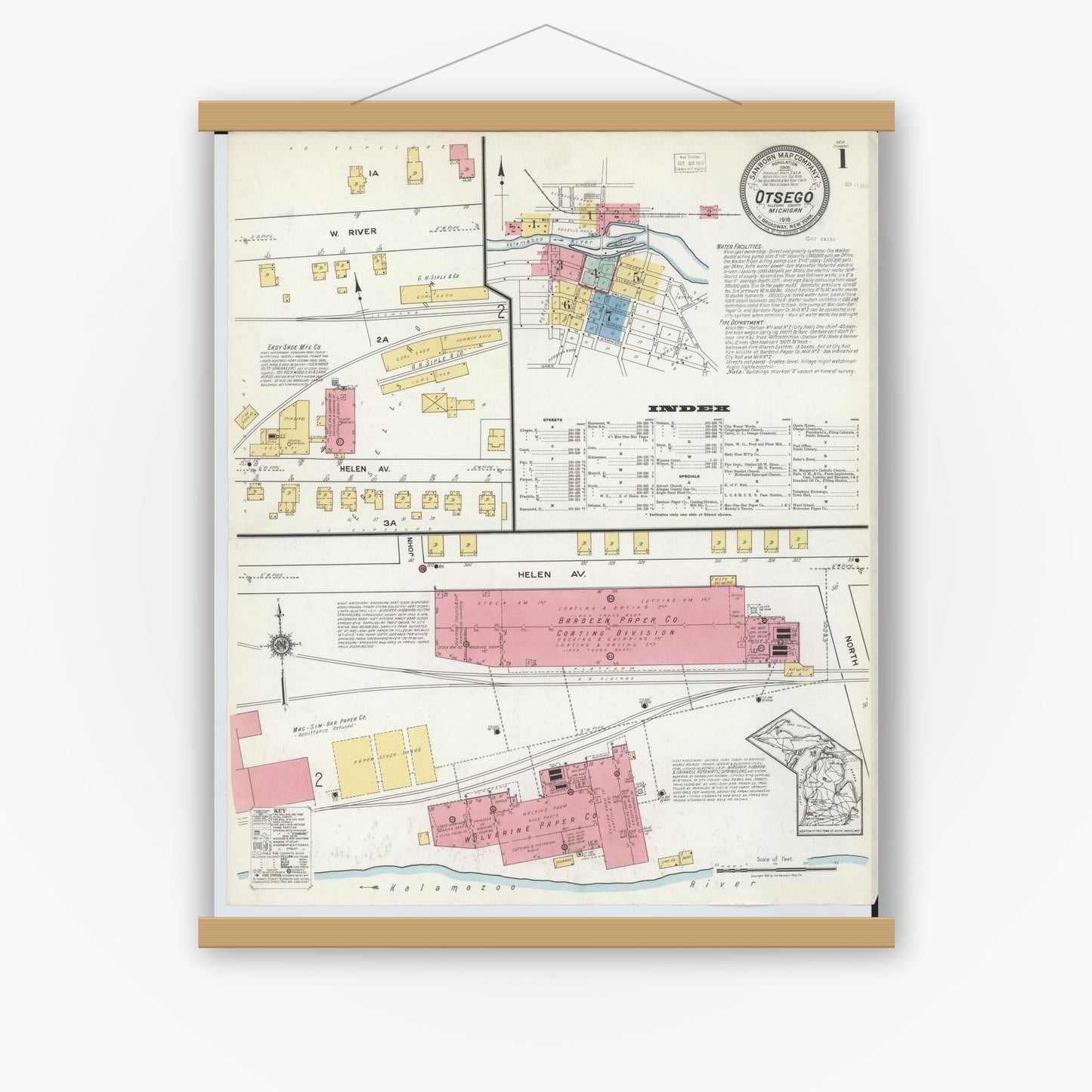 Old map wall art mockup — magnetic wood frame on white wall — Sanborn Fire Insurance Map from Otsego, Allegan County, Michigan (1918) - Complete Map Set