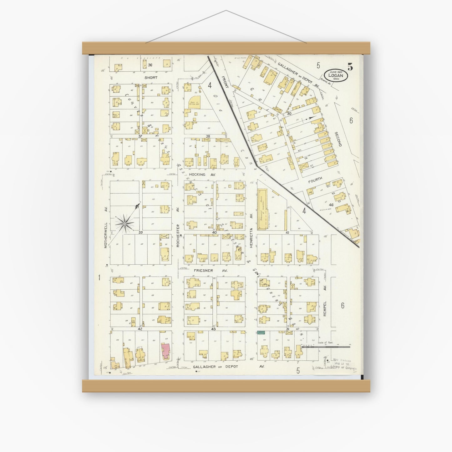 Old map wall art mockup — magnetic wood frame on white wall — Sanborn Fire Insurance Map from Logan, Hocking County, Ohio (1907), Sheet #0005