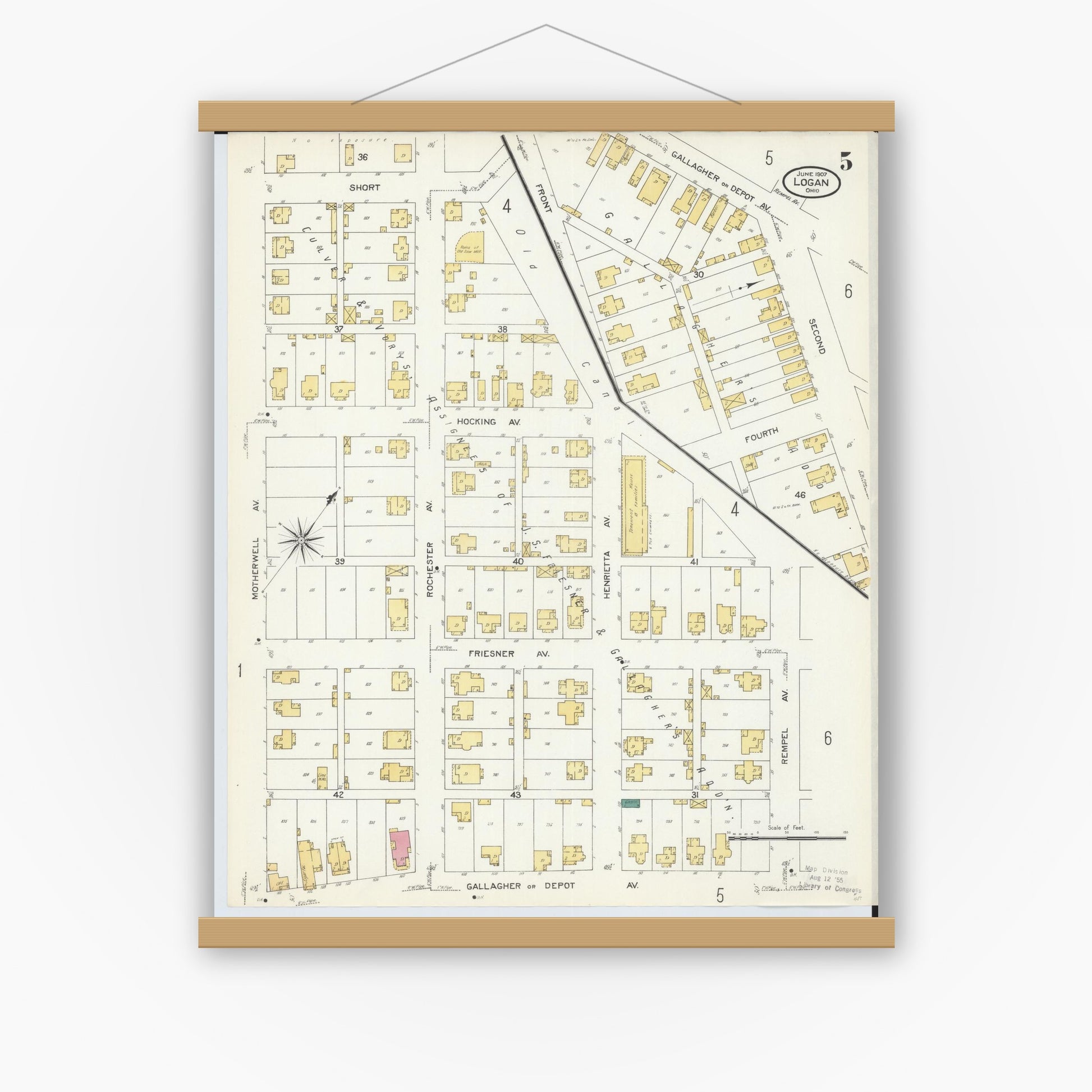 Old map wall art mockup — magnetic wood frame on white wall — Sanborn Fire Insurance Map from Logan, Hocking County, Ohio (1907), Sheet #0005