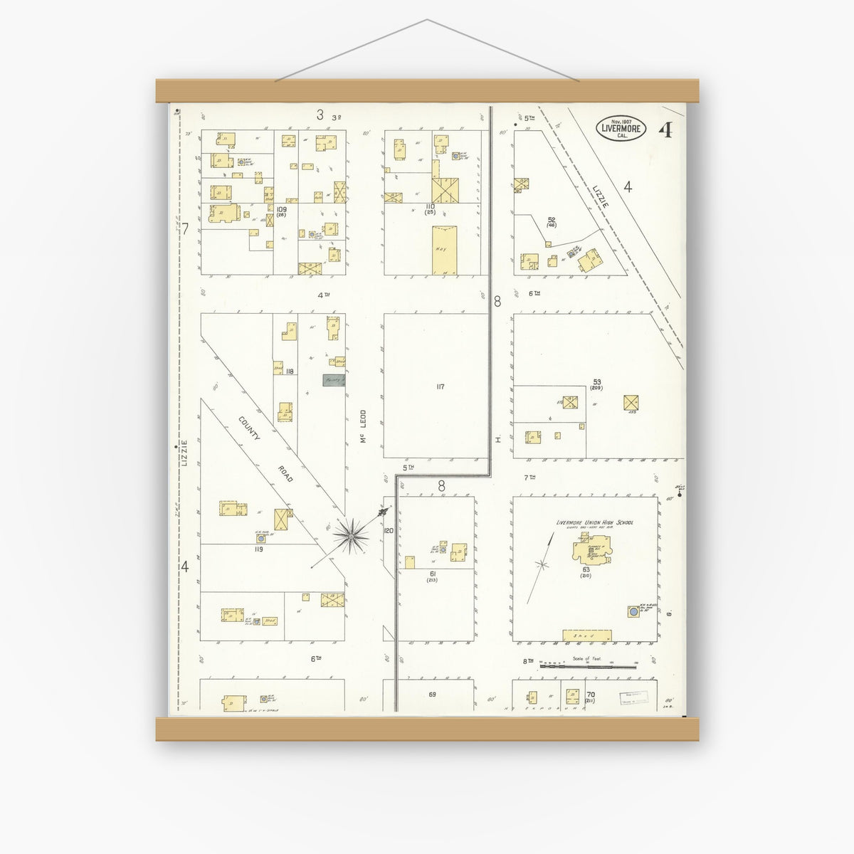 Old map wall art mockup — magnetic wood frame on white wall — Sanborn Fire Insurance Map from Livermore, Alameda County, California (1907), Sheet #0004