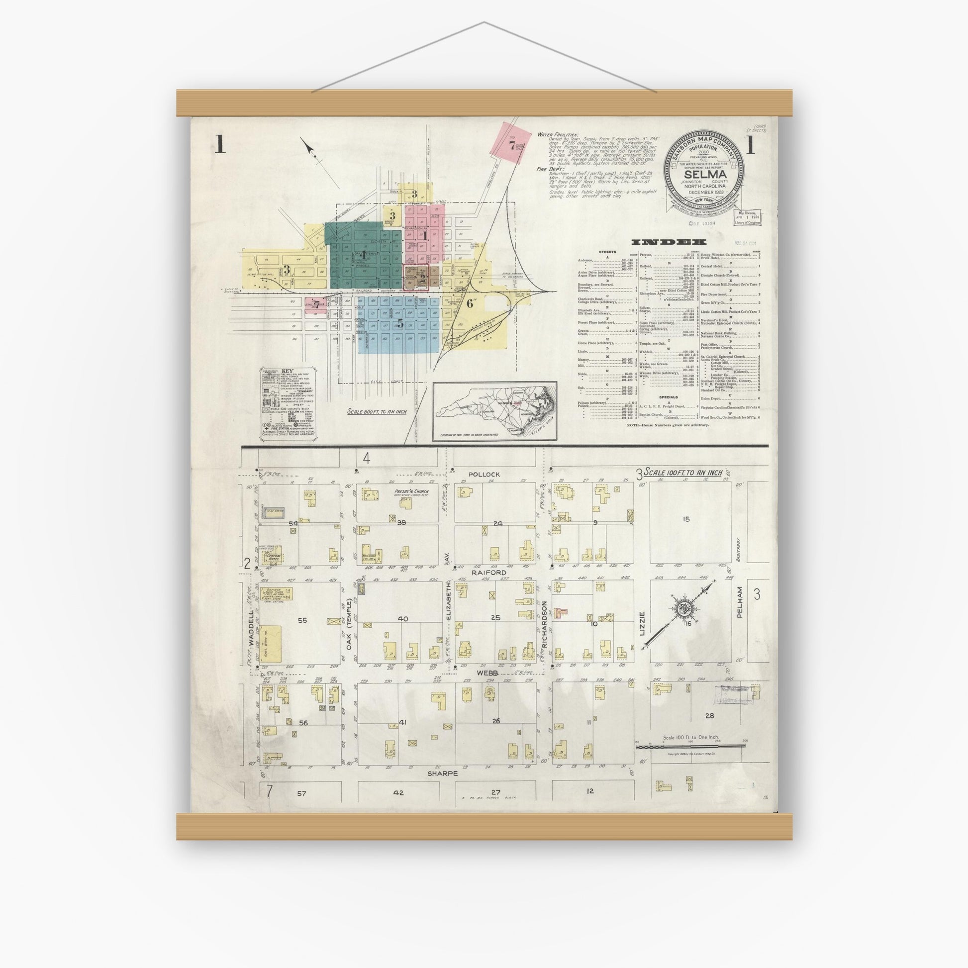 Old map wall art mockup — magnetic wood frame on white wall — Sanborn Fire Insurance Map from Selma, Johnston County, North Carolina (1923) - Complete Map Set