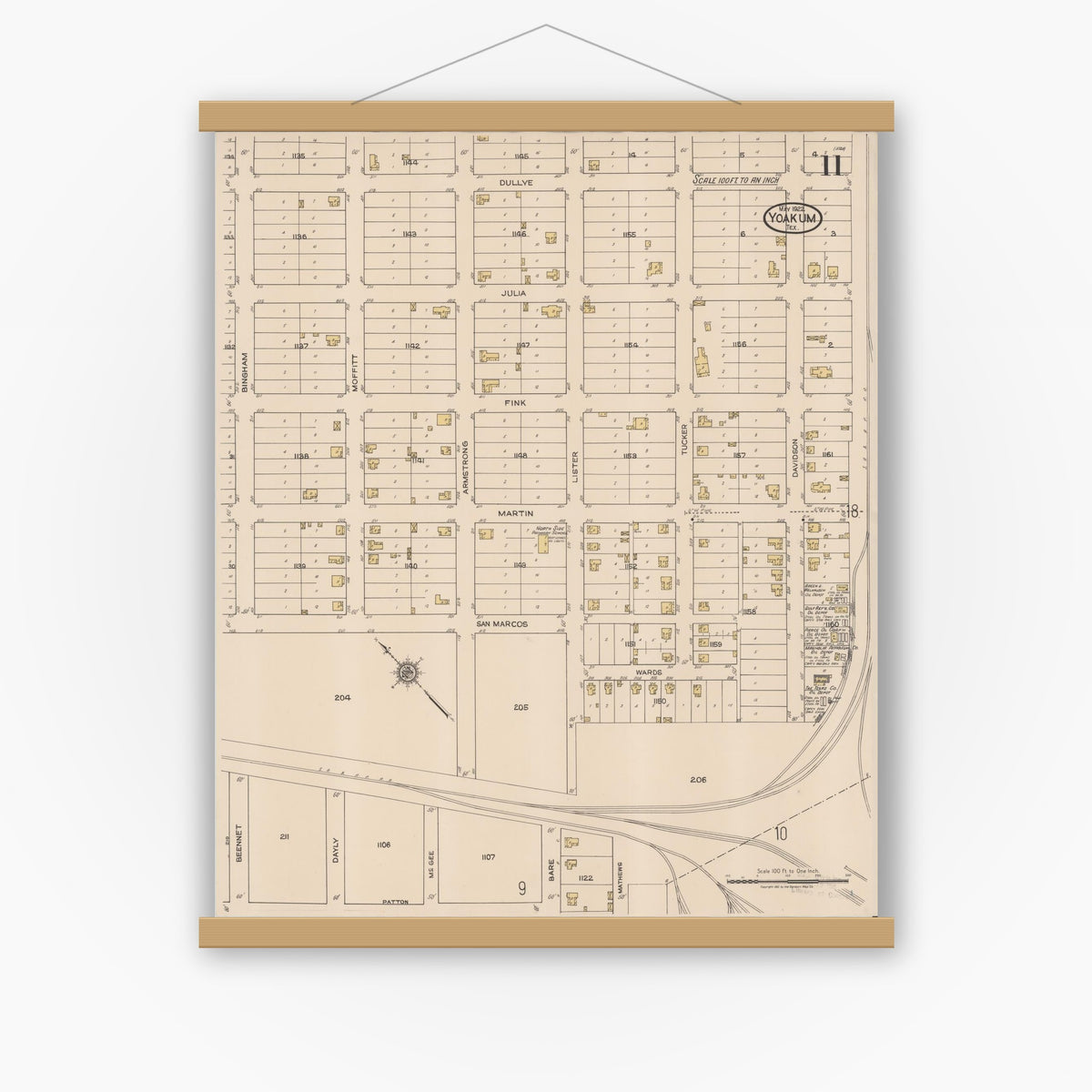Old map wall art mockup — magnetic wood frame on white wall — Sanborn Fire Insurance Map from Yoakum, De Witt And Lavaca Counties, Texas (1922), Sheet #0011
