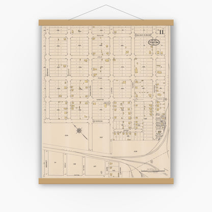 Old map wall art mockup — magnetic wood frame on white wall — Sanborn Fire Insurance Map from Yoakum, De Witt And Lavaca Counties, Texas (1922), Sheet #0011