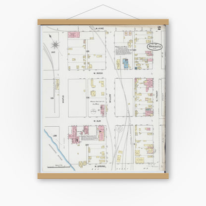 Old map wall art mockup — magnetic wood frame on white wall — Sanborn Fire Insurance Map from Mankato, Blue Earth County, Minnesota (1889), Sheet #0002