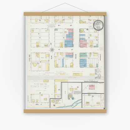 Old map wall art mockup — magnetic wood frame on white wall — Sanborn Fire Insurance Map from Hico, Hamilton County, Texas (1893), Sheet #0001