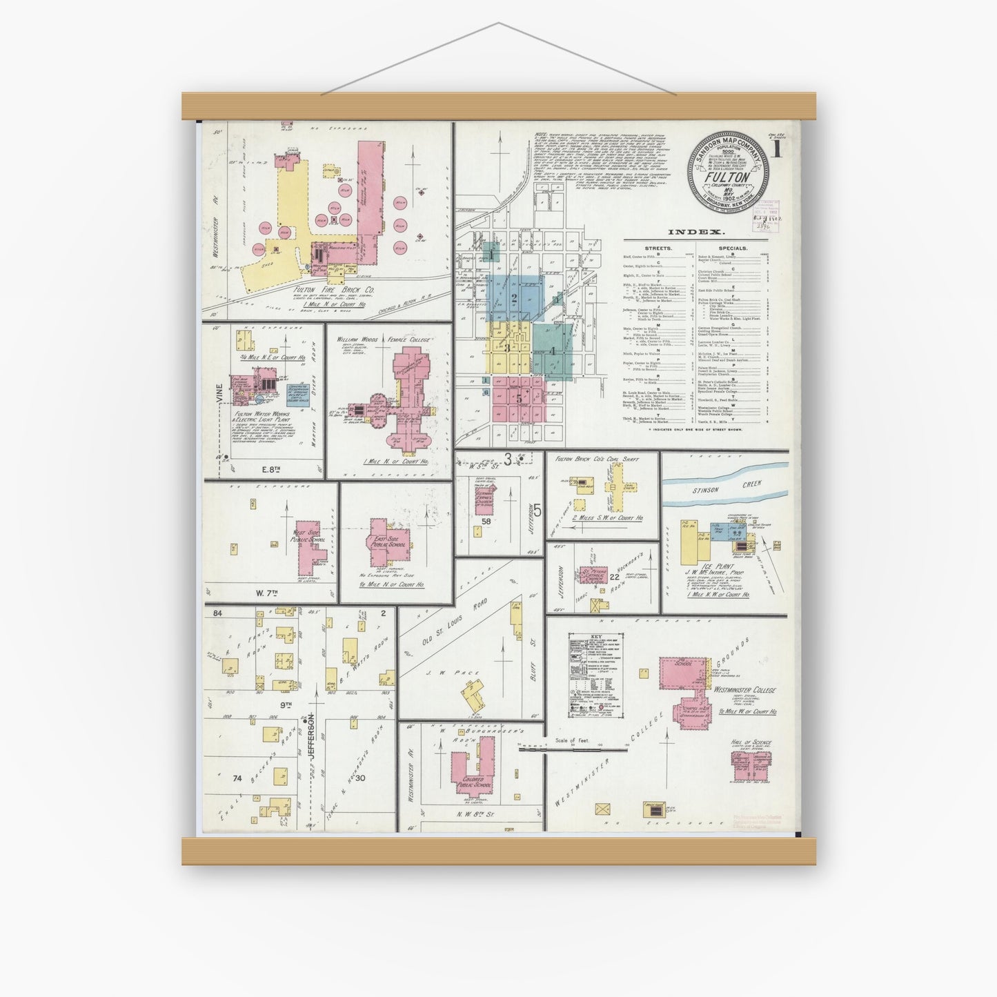 Old map wall art mockup — magnetic wood frame on white wall — Sanborn Fire Insurance Map from Fulton, Callaway County, Missouri (1902) - Complete Map Set