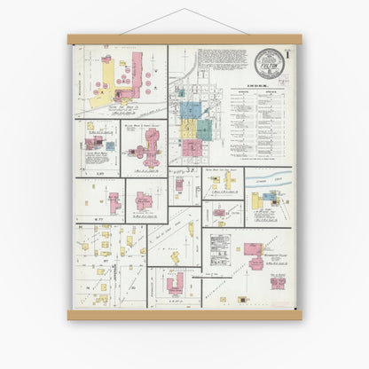 Old map wall art mockup — magnetic wood frame on white wall — Sanborn Fire Insurance Map from Fulton, Callaway County, Missouri (1902) - Complete Map Set