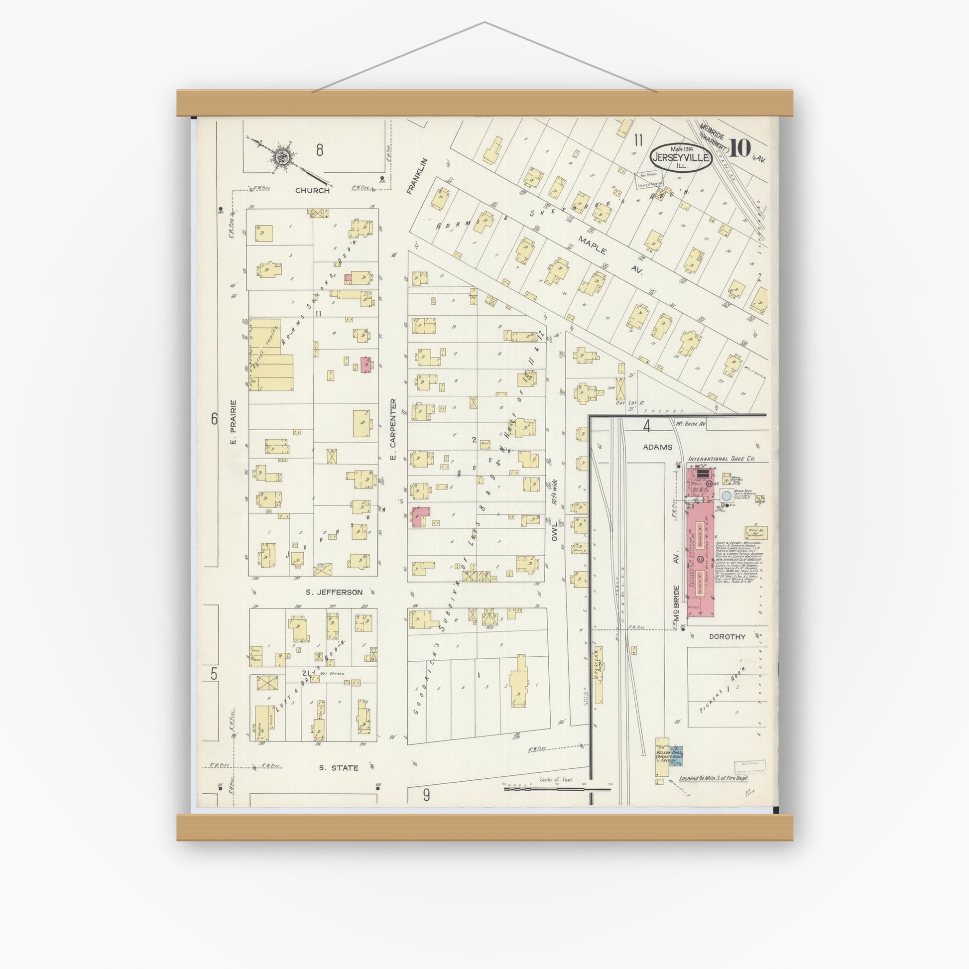 Old map wall art mockup — magnetic wood frame on white wall — Sanborn Fire Insurance Map from Jerseyville, Jersey County, Illinois (1914), Sheet #0010
