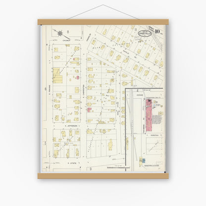 Old map wall art mockup — magnetic wood frame on white wall — Sanborn Fire Insurance Map from Jerseyville, Jersey County, Illinois (1914), Sheet #0010