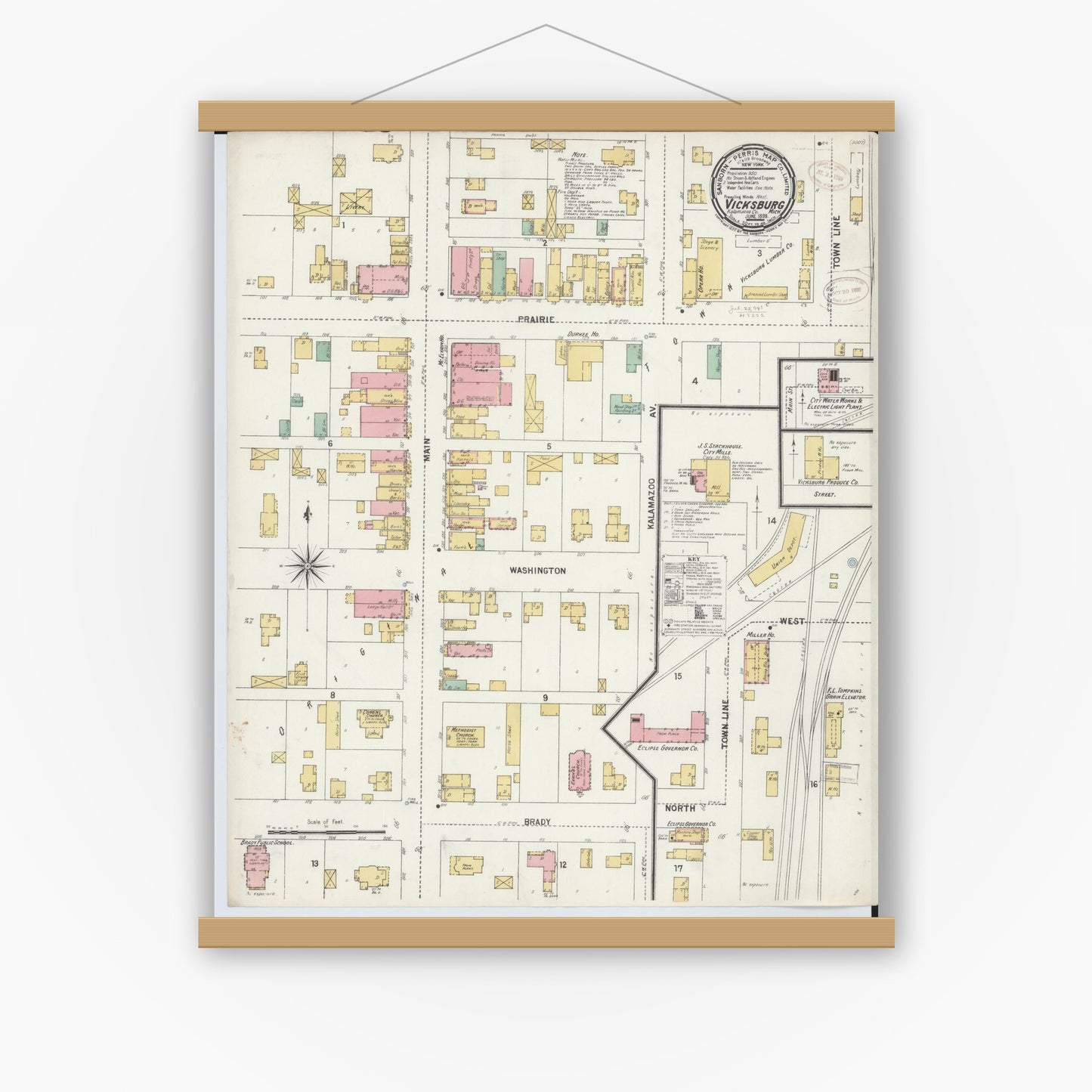 Old map wall art mockup — magnetic wood frame on white wall — Sanborn Fire Insurance Map from Vicksburg, Kalamazoo County, Michigan (1899), Sheet #0001