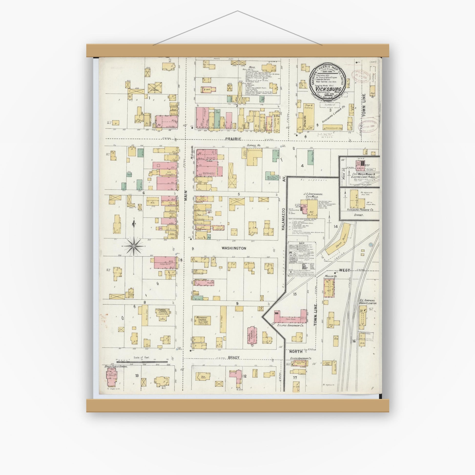 Old map wall art mockup — magnetic wood frame on white wall — Sanborn Fire Insurance Map from Vicksburg, Kalamazoo County, Michigan (1899), Sheet #0001