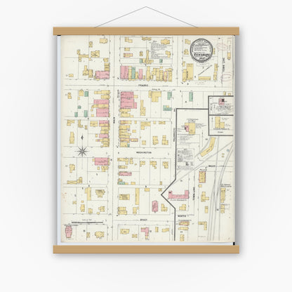 Old map wall art mockup — magnetic wood frame on white wall — Sanborn Fire Insurance Map from Vicksburg, Kalamazoo County, Michigan (1899), Sheet #0001
