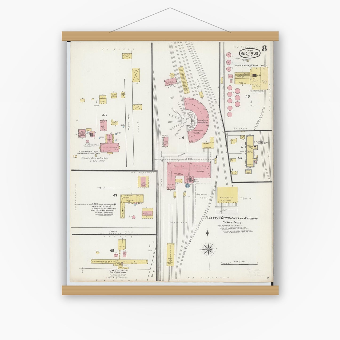 Old map wall art mockup — magnetic wood frame on white wall — Sanborn Fire Insurance Map from Bucyrus, Crawford County, Ohio (1892), Sheet #0008
