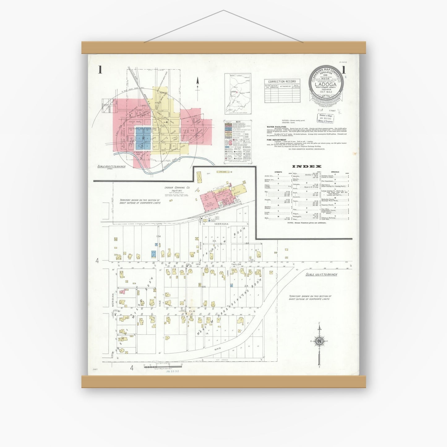 Old map wall art mockup — magnetic wood frame on white wall — Sanborn Fire Insurance Map from Ladoga, Montgomery County, Indiana (1942) - Complete Map Set
