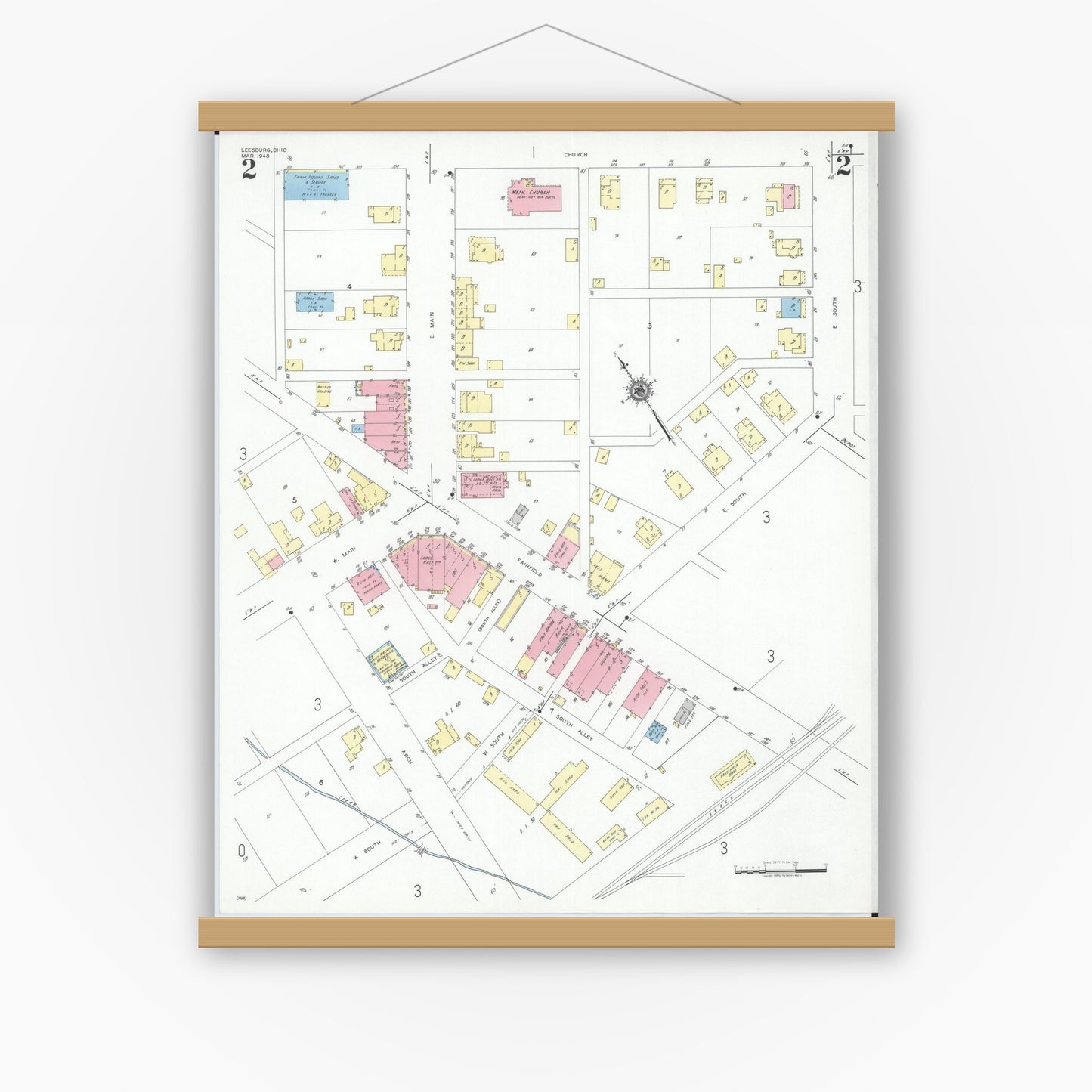 Old map wall art mockup — magnetic wood frame on white wall — Sanborn Fire Insurance Map from Leesburg, Highland County, Ohio (1948), Sheet #0002