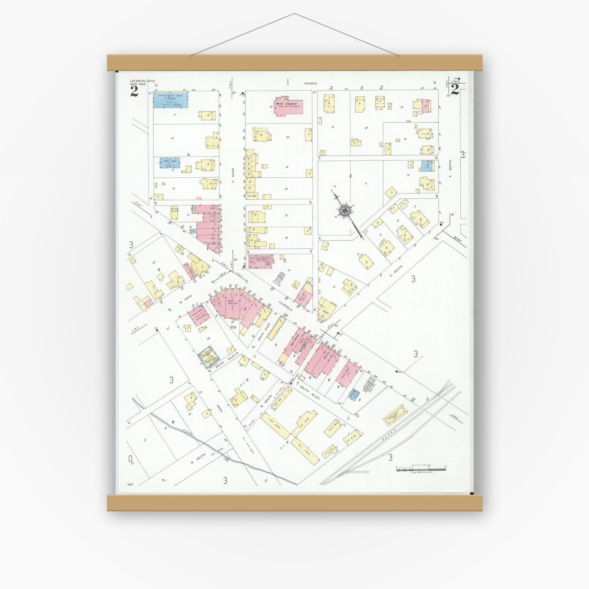 Old map wall art mockup — magnetic wood frame on white wall — Sanborn Fire Insurance Map from Leesburg, Highland County, Ohio (1948), Sheet #0002