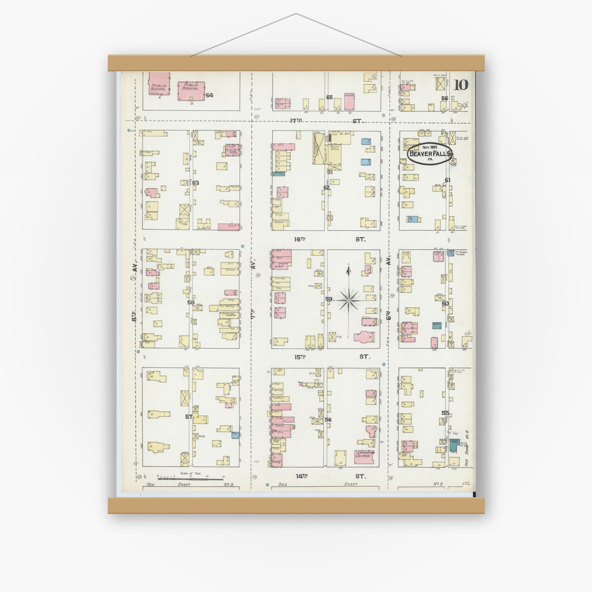 Old map wall art mockup — magnetic wood frame on white wall — Sanborn Fire Insurance Map from Beaver Falls, Beaver County, Pennsylvania (1891), Sheet #0010