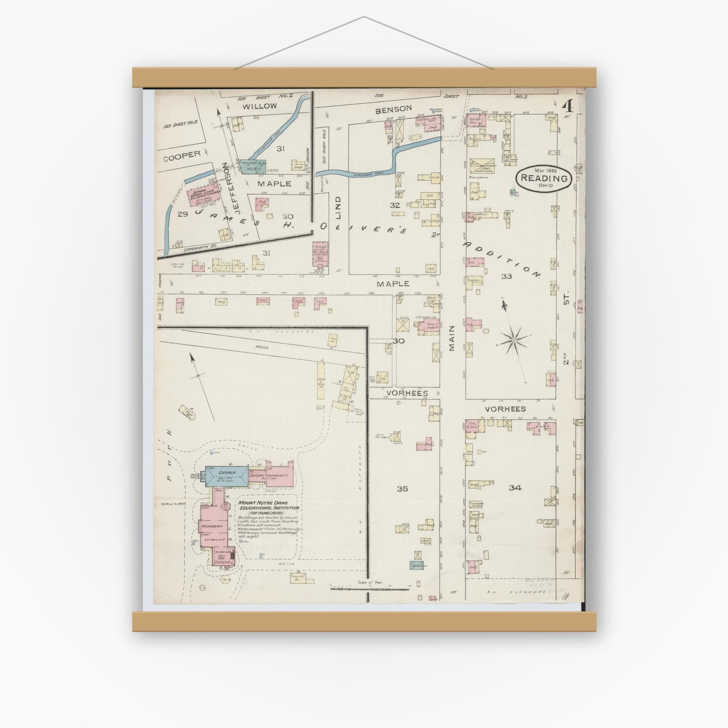Old map wall art mockup — magnetic wood frame on white wall — Sanborn Fire Insurance Map from Reading, Hamilton County, Ohio (1886), Sheet #0004