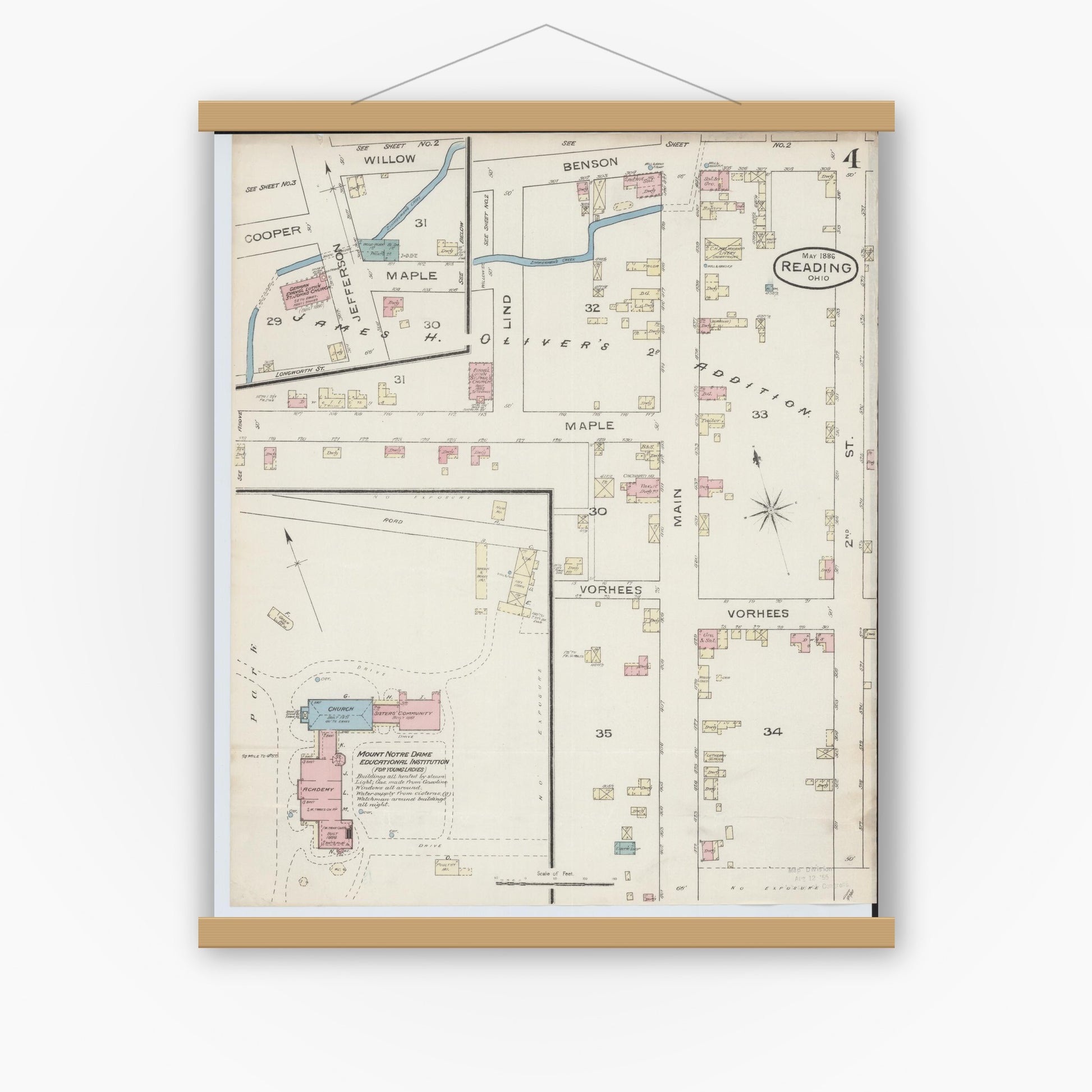 Old map wall art mockup — magnetic wood frame on white wall — Sanborn Fire Insurance Map from Reading, Hamilton County, Ohio (1886), Sheet #0004
