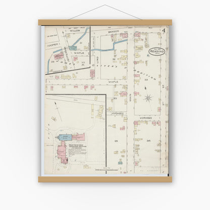 Old map wall art mockup — magnetic wood frame on white wall — Sanborn Fire Insurance Map from Reading, Hamilton County, Ohio (1886), Sheet #0004
