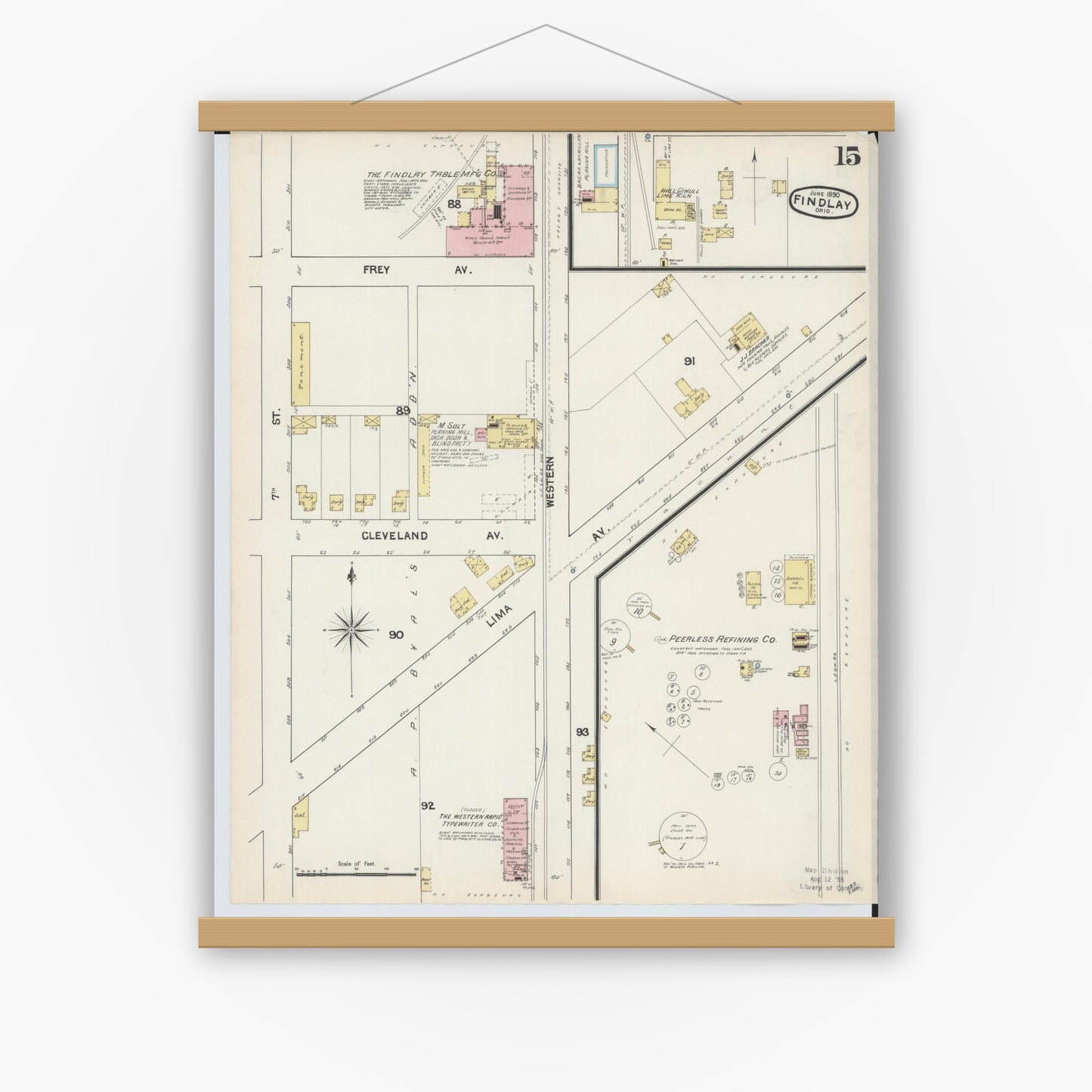 Old map wall art mockup — magnetic wood frame on white wall — Sanborn Fire Insurance Map from Findlay, Hancock County, Ohio (1890), Sheet #0015