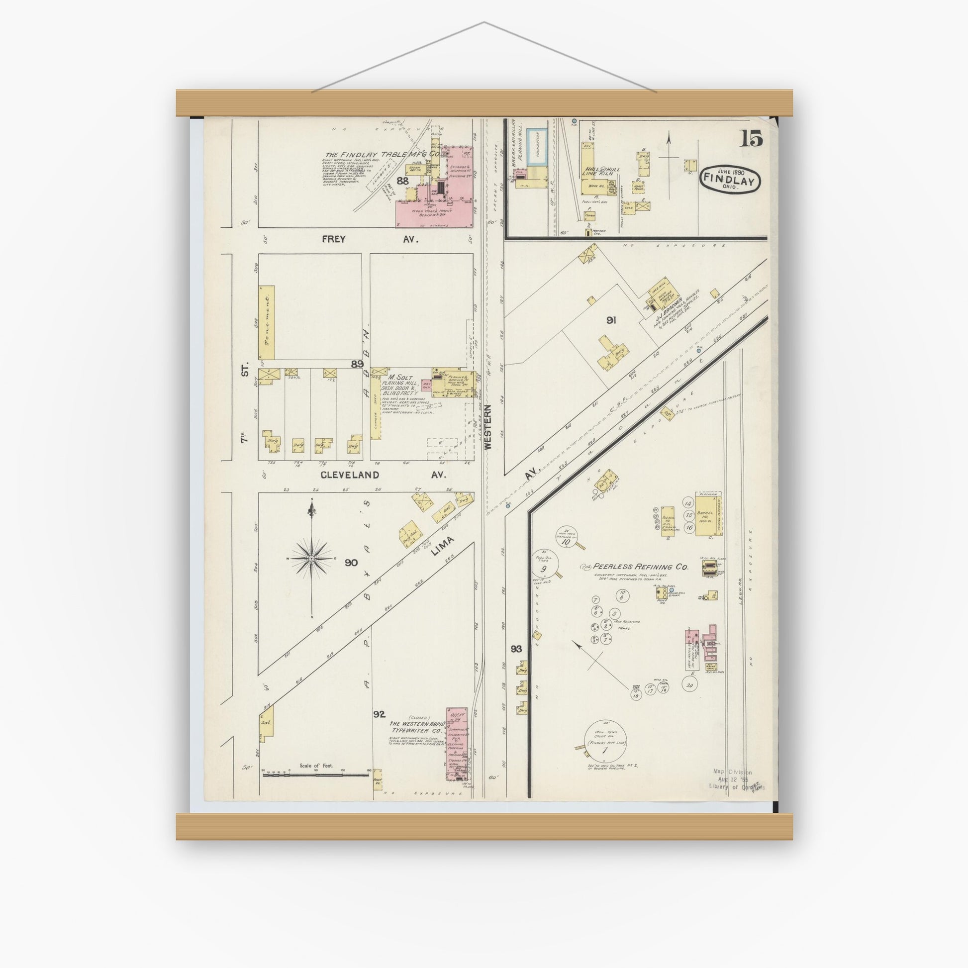 Old map wall art mockup — magnetic wood frame on white wall — Sanborn Fire Insurance Map from Findlay, Hancock County, Ohio (1890), Sheet #0015