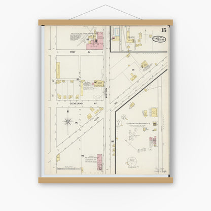 Old map wall art mockup — magnetic wood frame on white wall — Sanborn Fire Insurance Map from Findlay, Hancock County, Ohio (1890), Sheet #0015