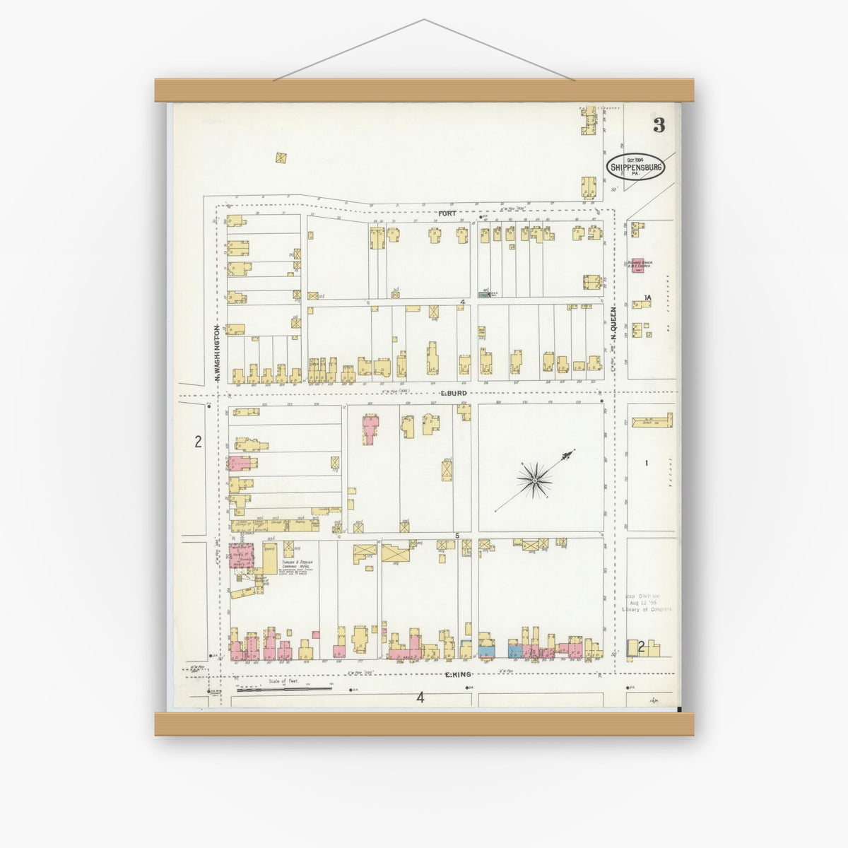 Old map wall art mockup — magnetic wood frame on white wall — Sanborn Fire Insurance Map from Shippensburg, Cumberland And Franklin Counties, Pennsylvania (1904), Sheet #0003