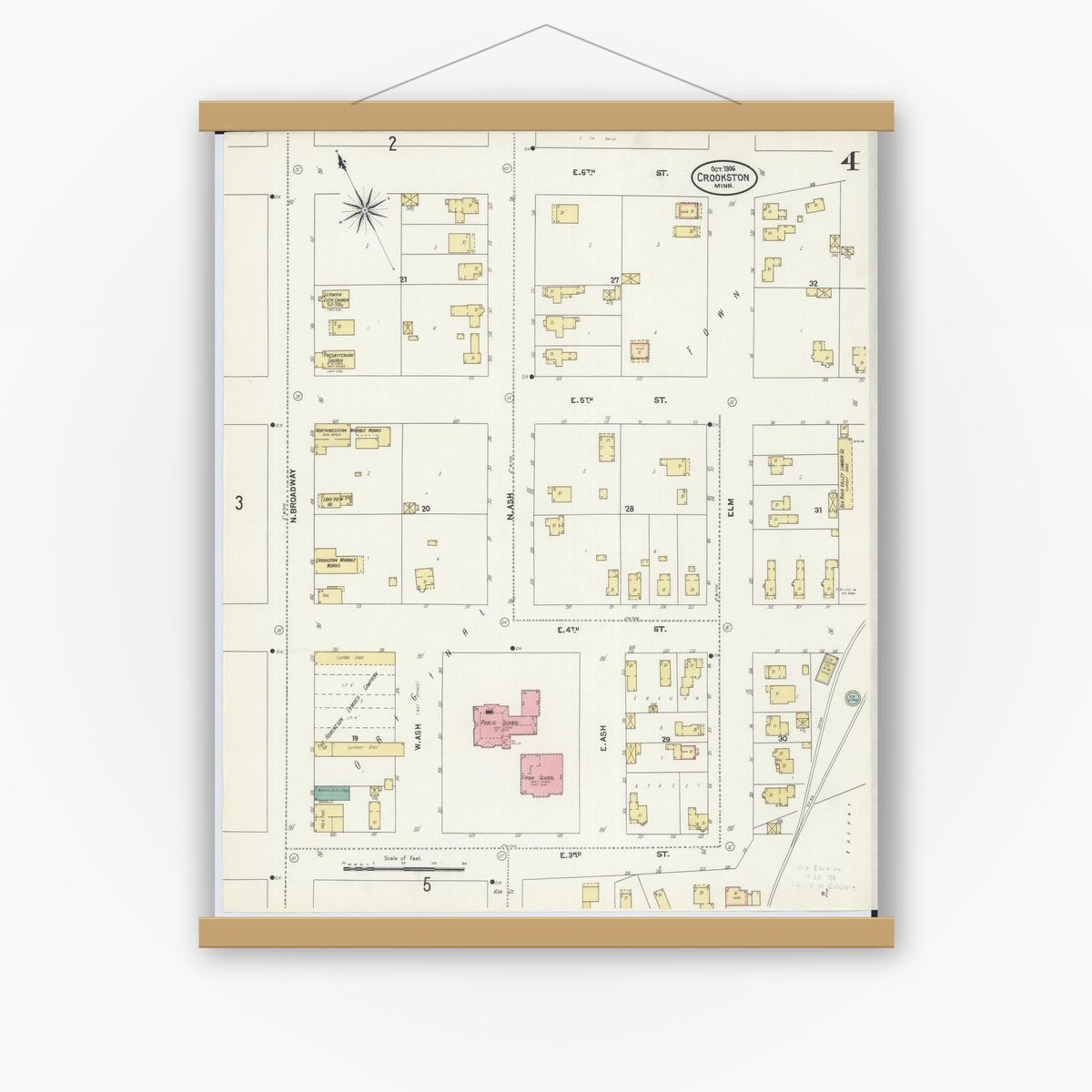 Old map wall art mockup — magnetic wood frame on white wall — Sanborn Fire Insurance Map from Crookston, Polk County, Minnesota (1906), Sheet #0004